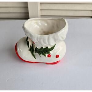 Vintage Santa Boot Ceramic Planter 5 1/2 in Wide 3 3/4 in Tall Holly Berries